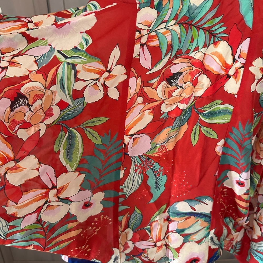 Johnny Was Red and Blue 100% silk Floral V-Neck Blouse - Picture 3 of 6